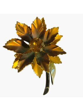 Flower Brooch Amber Rhinestone Vintage Gold Toned Enamel Stem